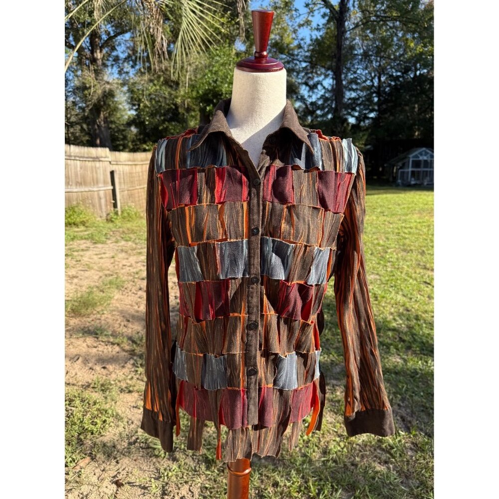 VTG Fantazia Artsy M Weaved Long Sleeve button up Shirt patchwork Hippie Y2k